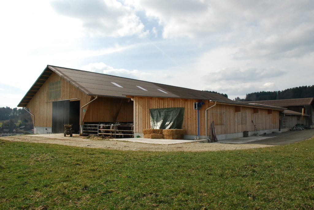 Auf einem offenen Feld steht eine Holzscheune mit Metalldach. In der Nähe des Eingangs sind mehrere Strohballen gestapelt, daneben hängt eine Plane. Im Hintergrund sind ein bewölkter Himmel und in der Ferne Bäume zu sehen.