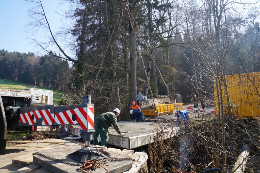 Bauarbeiter bauen in einem Waldstück eine Brücke. Ein Kran hebt Materialien an, und zwei Arbeiter stehen auf der teilweise fertiggestellten Konstruktion. Die Baustelle ist von Bäumen und Baumaschinen umgeben, und es ist ein sonniger Tag.