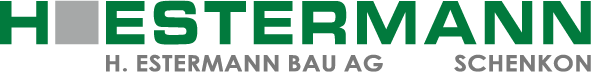 Das Bild zeigt das Logo der H. Estermann Bau AG. Der Name „Hiestermann“ steht in fetten grünen Buchstaben mit einem grauen „i“. Darunter steht in kleinerer Schrift „H. Estermann Bau AG“ und „Schenkon“ in grün.
